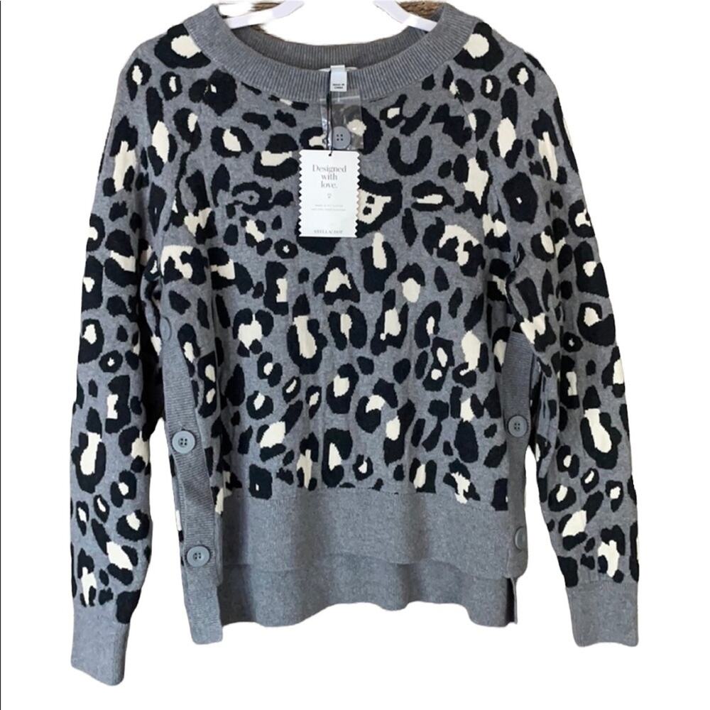 Stella & Dot Side Button Sweater Gray Black Leopard Print Size Medium NWT